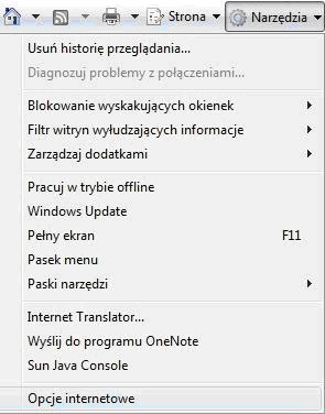 Internet Eksplorer, opcje internetowe