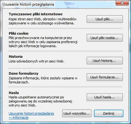 Internet Explorer, usuwanie historii przeglądanych stron, czyszczenie historii 