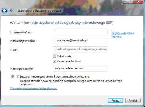 Neostrada Windows Vista, Automatyczne łączenie się z Internetem przez Neostrade