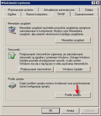 Właściwości systemu, zakładka sprzęt, profile sprzętowe