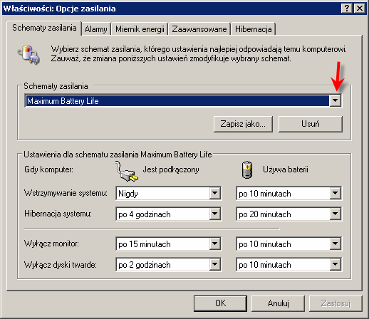 właściwości opcje zasilania, laptop na baterii, wydłużanie czasu pracy laptopa
