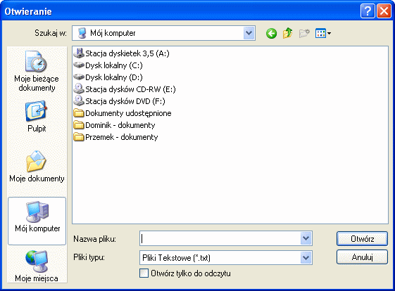 Dodawanie elementów do okienka Otwórz/Zapisz plik