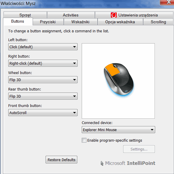 Intelli Mouse Microsoft software, oprogramowanie IntelliPoint 