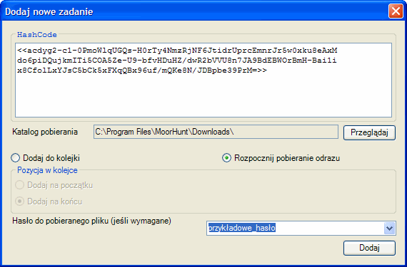 MoorHunt - wklejanie hash, czyli odnośnika do zbiorów ściąganych plików MoorHunt, hash, p2m, download mail, ściąganie plików