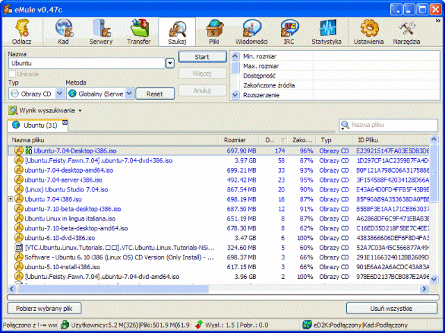 eMule, interfejs użytkownika eMule, program p2p, programy do wymiany plików, udostępnianie plików