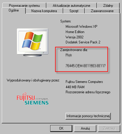 Zmiana właściciela systemu, rejestracja Windows, zarejestrowano dla