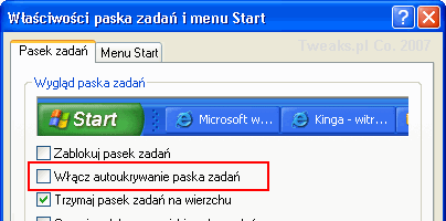 Autoukrywanie paska zadań, właściwości paska zadań, menu Start, pasek zadań