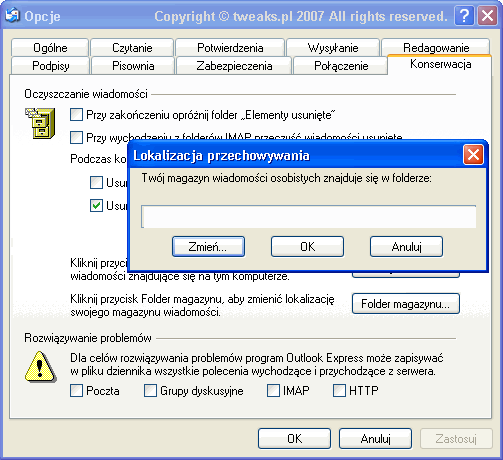 Zmiana folderu lokalizacji wiadomości e-mail przenoszenie wiadomości Outlook Express, lokalizacja folderu wiadomości, folder wiadomości email