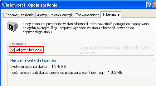 Właściwości: Opcje zasilania, hibernacja Windows