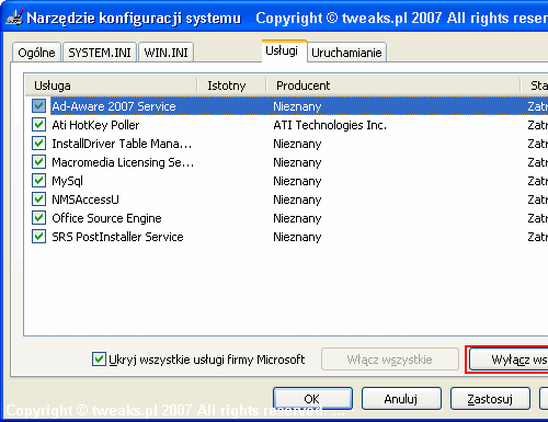 Narzędzie konfiguracji systemu, Msconfig, usługi