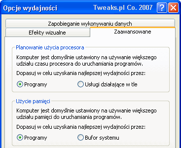 opcje wydajności Windows XP Opcje Wydajności, stacja robocza