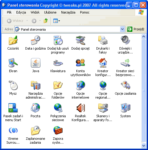aplety panelu sterowania Windows XP Panel Sterowania