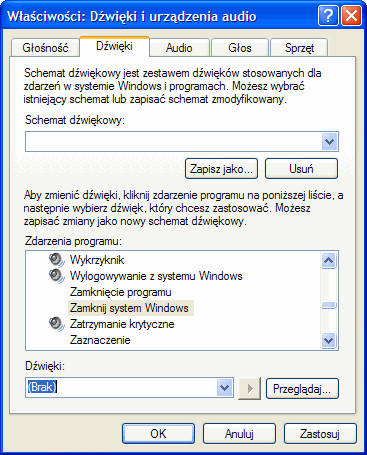 Dźwięki i urządzenia audio, dźwięki Windows XP