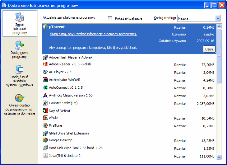 Aplet Dodawanie i usuwanie programów, programy Windows XP