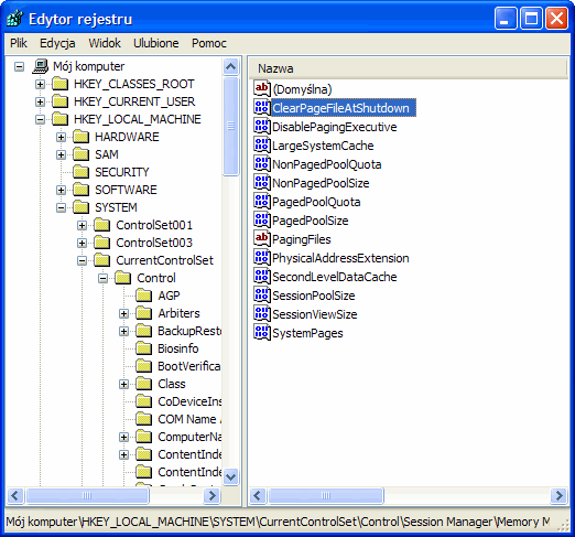 Edytor rejestru, rejestr Windows XP