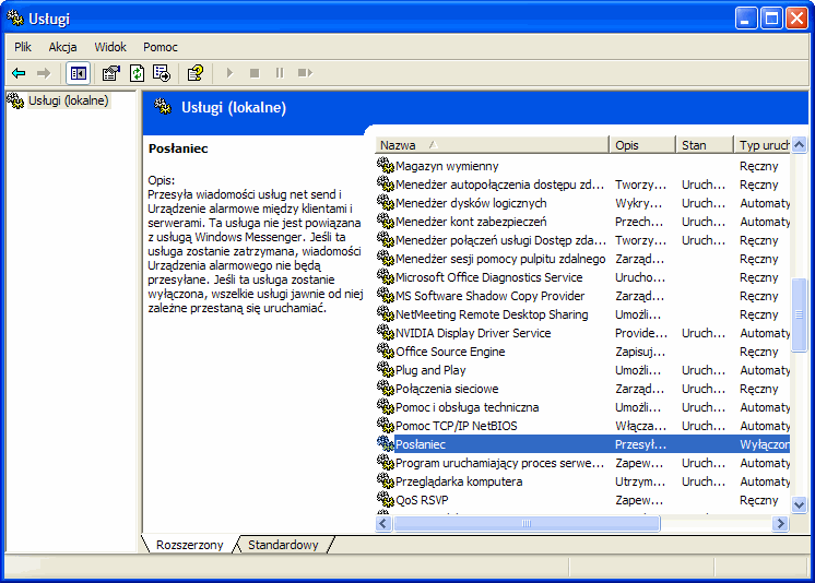 Aplet usługi systemu Windows XP Aplet usługi, usługi systemu Windows XP