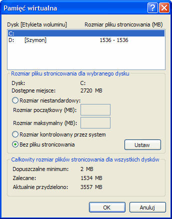 pamięć wirtualna systemu Windows XP ustawienie pamięci wirtualnej, SWAP, pamięć wirtualna