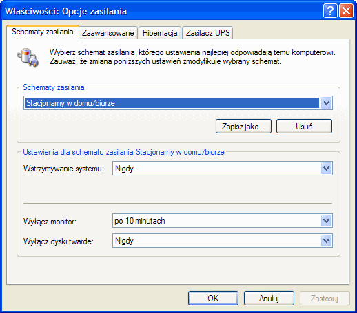 opcje zasilania systemu Windows XP typ zasilania, opcje zasilania, ustawienie zasilania