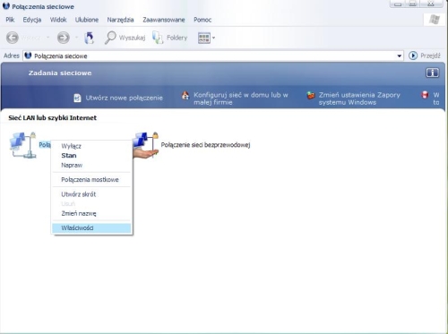 Konfiguracja sieci LAN w Windows XP, Połączenie sieciowe, LAN
