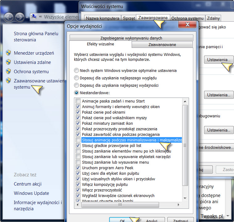 wyłączenie animacji okien Windows 7 i Vista, animacja okien, okna Windows