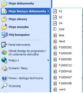 ostatnio przeglądane dokumenty, bieżące dokumenty