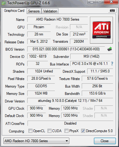 MSI Radeon HD 7850 1GD5OC - GPU-Z