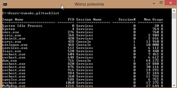 tasklist wiersz poleceń zamykanie procesów Windows 8