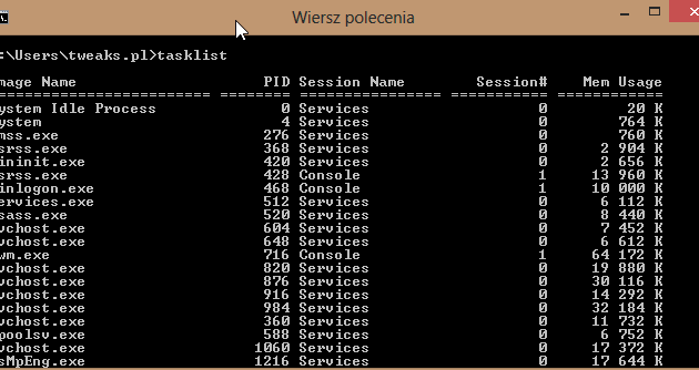 tasklist wiersz poleceń zamykanie procesów Windows 8