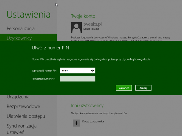 PIN logowanie Windows 8