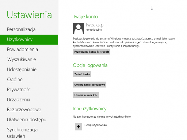 ustawienia użytkownicy kod pin logowanie Windows 8