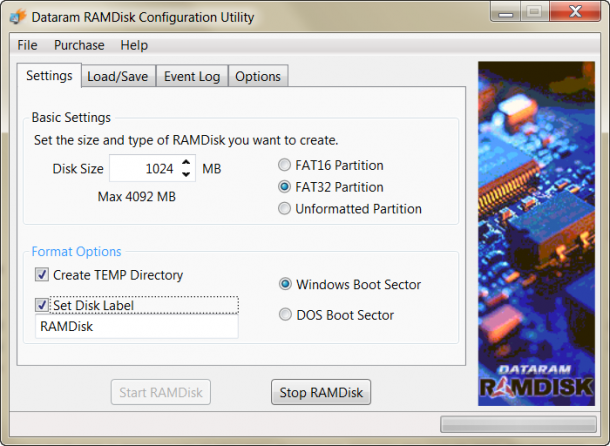 Dataram RAMDISK konfiguracja folderu plików tymczasowych