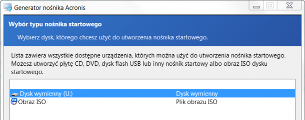 generator nośnika bootowalnego 2 Acronis True Image