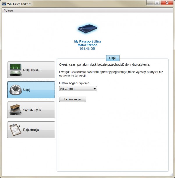 WD Drive Utilities czas uśpienia dysku