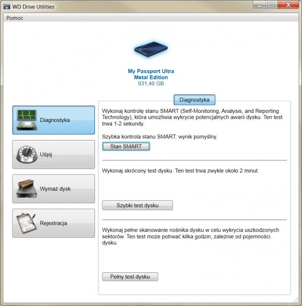 WD Drive Utilities diagnostyka dysku SMART