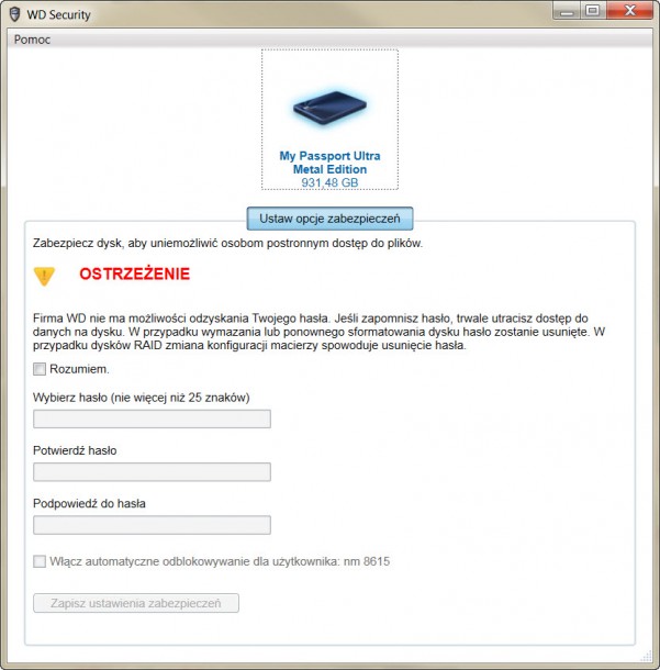 WD Security zabezpieczenie dysku hasłem