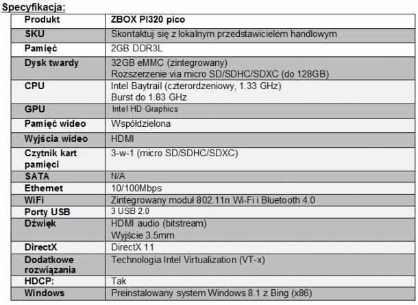 Zotac ZBOX Pico specyfikacja techniczna