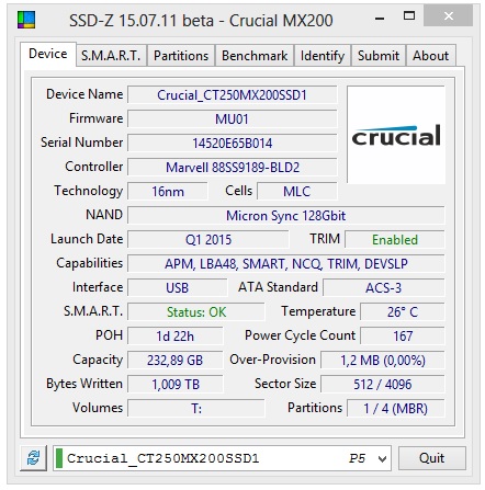 Crucial MX200 250GB specyfikacja techniczna