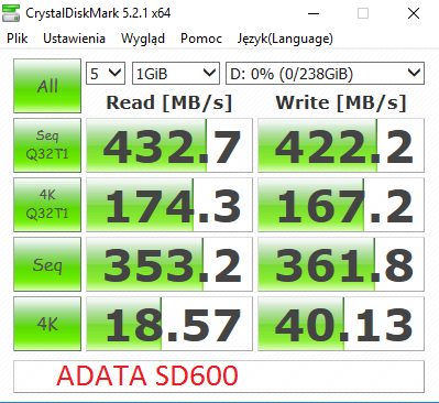 CrystalDiskMark ADATA SD600 256GB test