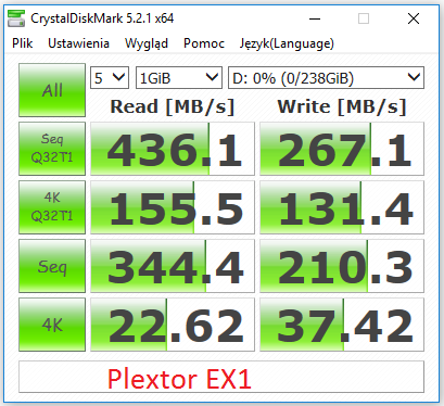 CrystalDiskMark Plextor EX1 256GB test