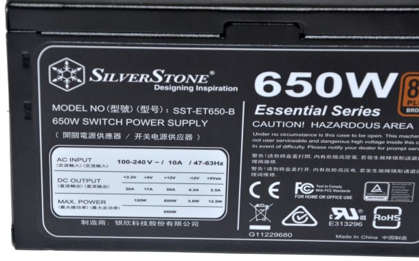 SilverStone ET650-B tabliczka znamionowa