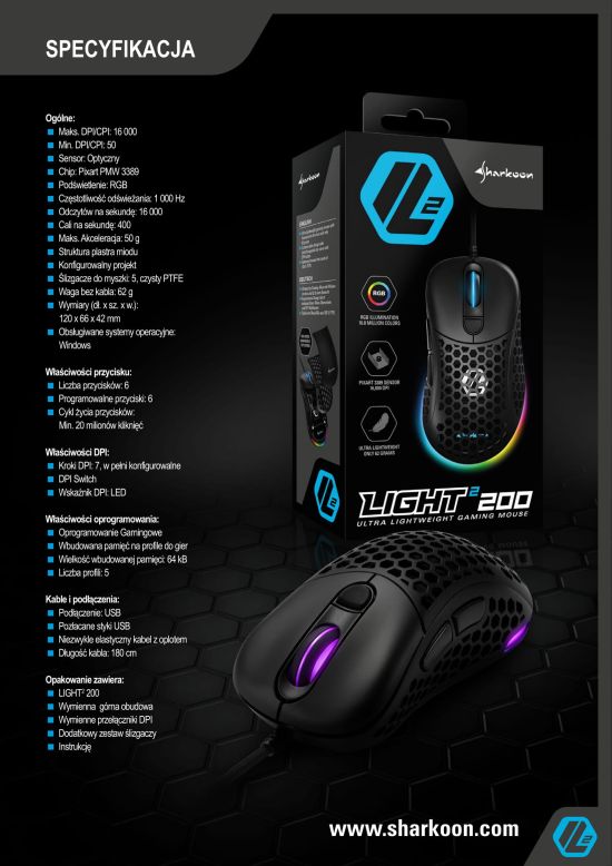 prem Light2 200 pl 011 7 550 Sharkoon Light²200 – mysz do gier lżejsza niż piórko