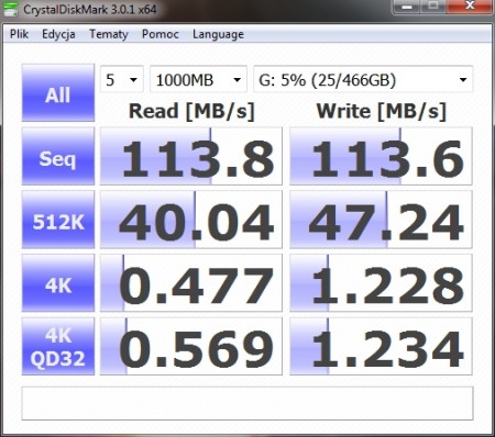 Wyniki CrystalDiskMark Seagate Backup Plus 500GB