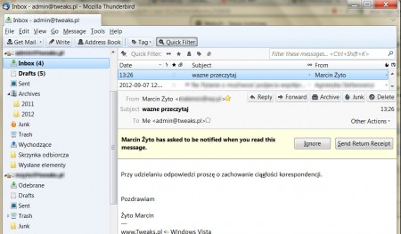 Potwierdzenie wysłania wiadomości e-mail Thundebird