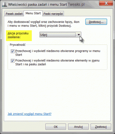 Właściwości paska zadań i menu Start